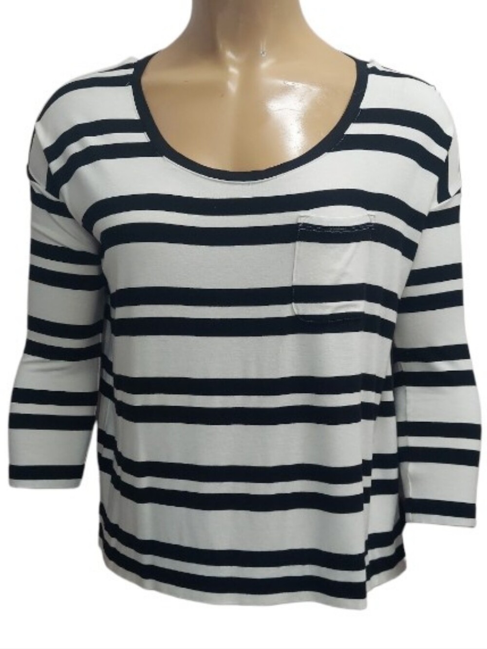 White House Black Market Black and White Striped Scoop Neck 3/4 Sleeve Top